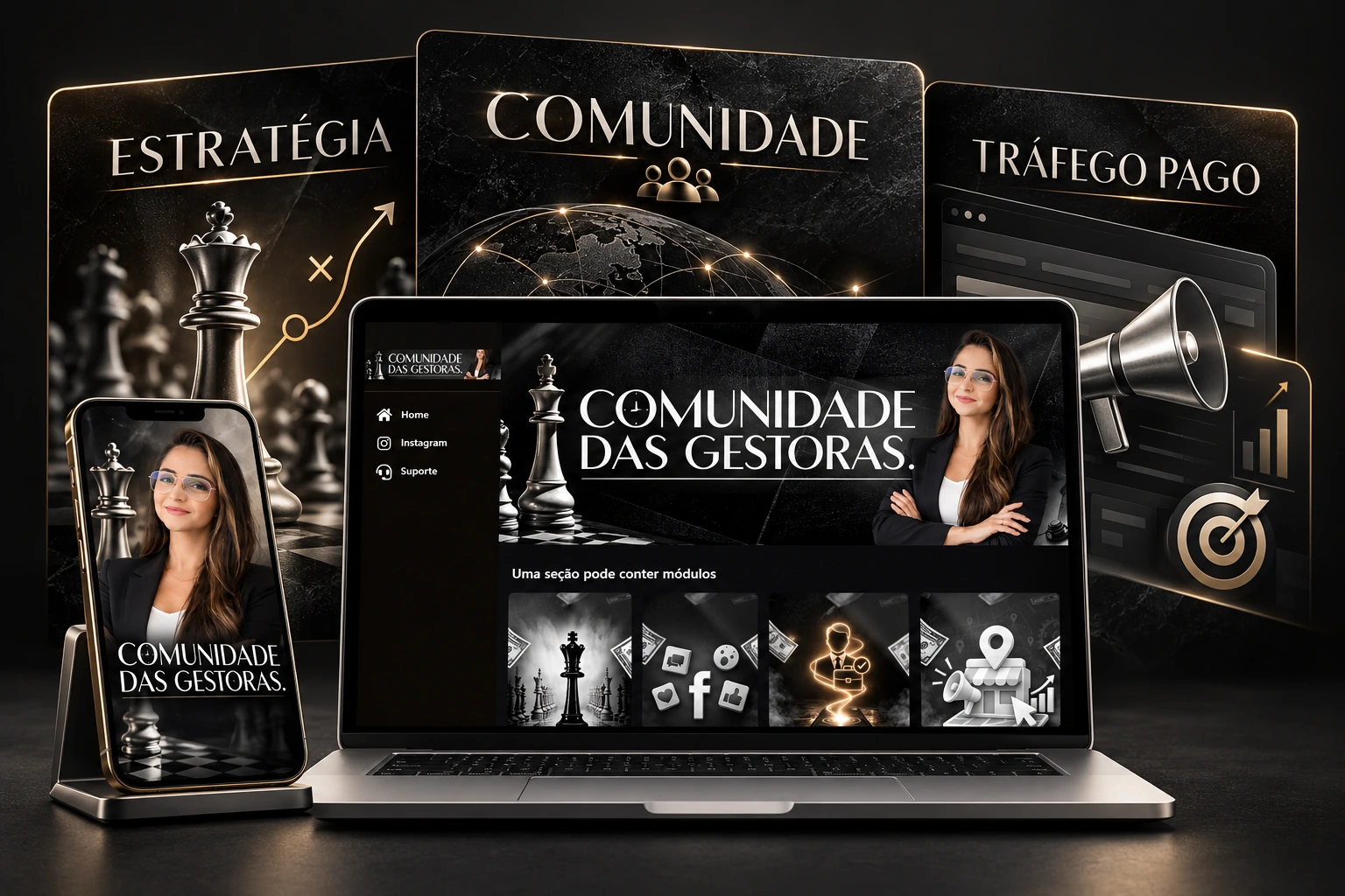 Apresentação visual da Comunidade das Gestoras em notebook e celular, com Élida Molina e elementos de estratégia e tráfego pago