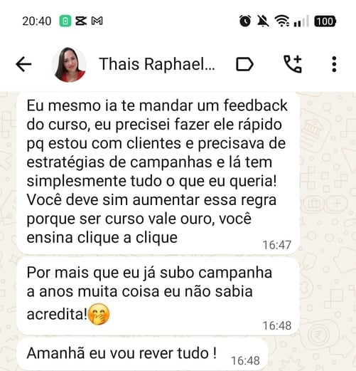 Relato de aluna sobre a aplicação das aulas