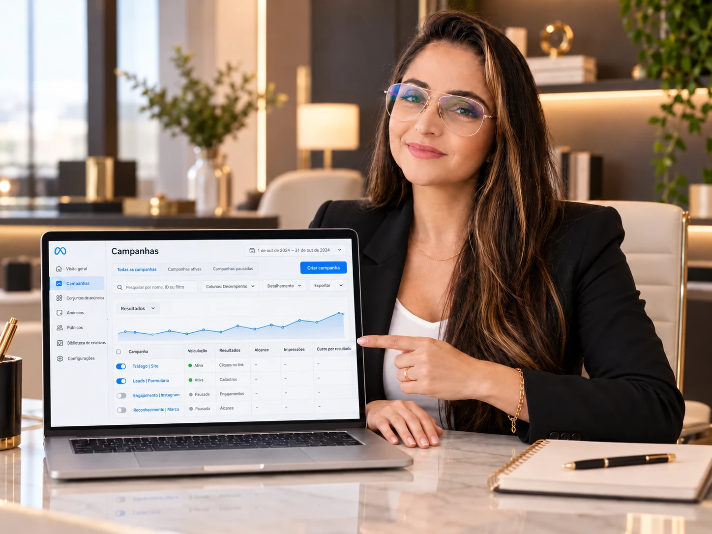 Élida mostrando o gerenciador de anúncios no notebook